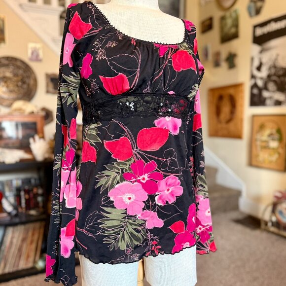 Vintage 90s / 2000s y2k Whimsygoth Long Sleeved Floral Self Esteem Baby Doll Top - Picture 1 of 10